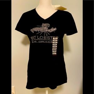 NWT GRUNDENS Jeweled V Neck Black Tee-Eat Lobsters